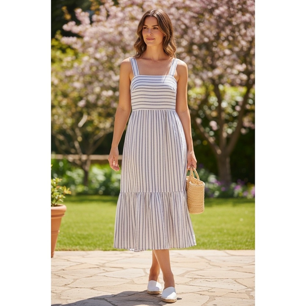 Theory Vebtura Striped Tie Back Midi Dress XS‎ Pink Gray Cotton Ruffle Hem